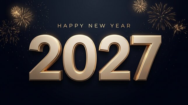 Elegant 2027 Happy New Year celebration design with golden 3D typography and festive dark background fireworks