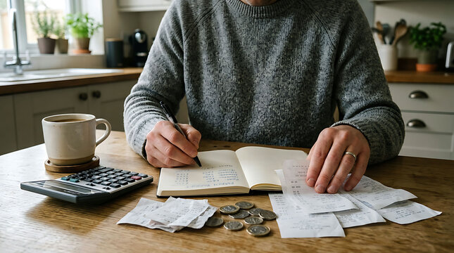 Man calculating household expenses, managing budget and paying bills at home