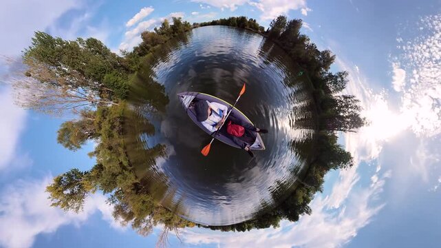 Mann f&auml;hrt mit Kajak unter Auwald, 360 Grad Video, Tiny planet effect, Naturerlebnis, Entspannung