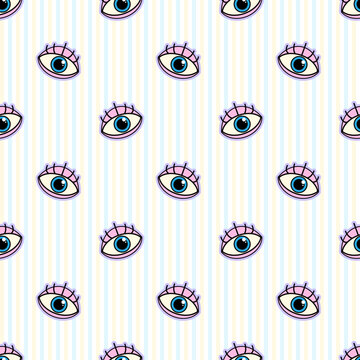 Blue eye seamless pattern vector with long eyelashes on light blue vertical striped background
