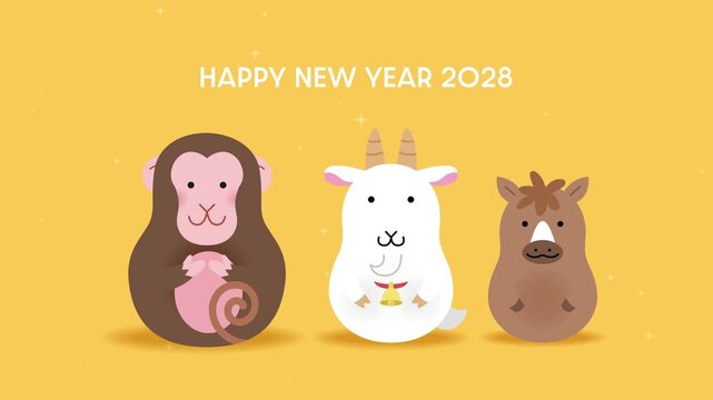Cute zodiac monkey, goat and horse. Chinese zodiac cartoon animation to celebrate New Year of the Monkey.