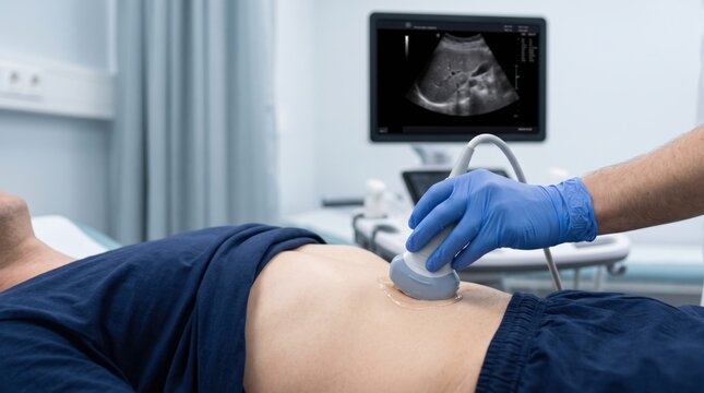 Doctor performing an abdominal ultrasound examination with a medical transducer and gel, representing diagnostic imaging, internal organ screening, healthcare and medical evaluation