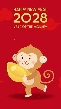 Cute monkey mascot holding golden sycee ingot animation video. Vertical video to celebrate Chinese New Year of the Monkey or Lunar New Year 2028.