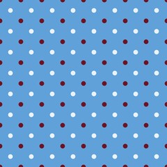 Red white polka dot blue background pattern, vintage retro geometric dotted seamless print, preppy fashion apparel textile wrapping paper packaging design, cute baby nursery backdrop © Source Studio