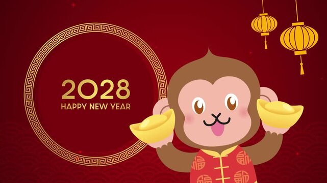 Funny cartoon monkey mascot holding gold sycee animation video. Lunar New Year 2028 horizontal video.