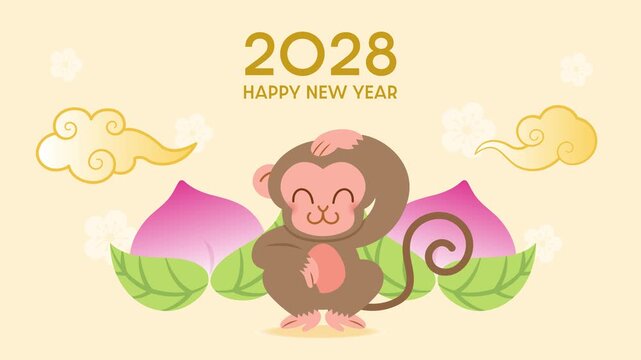 Lunar New Year 2028 with monkey mascot animation video. Chinese New Year of the Monkey horizontal cartoon animation.
