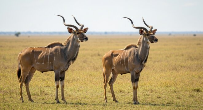 Two majestic male greater kudu standing in the African savanna.