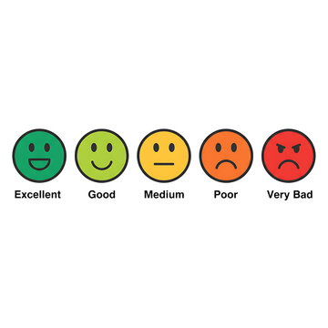 Five Colorful Emoticon Rating Icons Representing Satisfaction Levels from Excellent to Very Bad for Business Feedback and Consumer Survey Evaluation