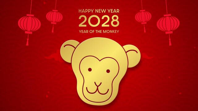 Zodiac monkey golden shape on red background. Year of the monkey 2028 animation video with hanging lanterns.