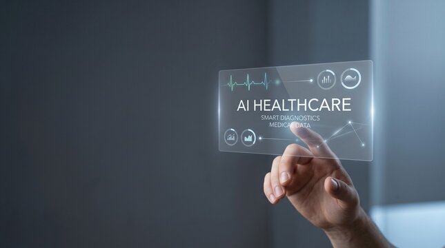 Person using futuristic transparent screen with AI healthcare technology concept