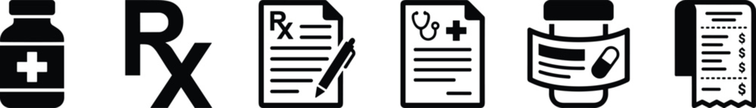 Set of pharmacy and medical prescription icons including pill bottle, rx symbol, prescription pad, and receipt