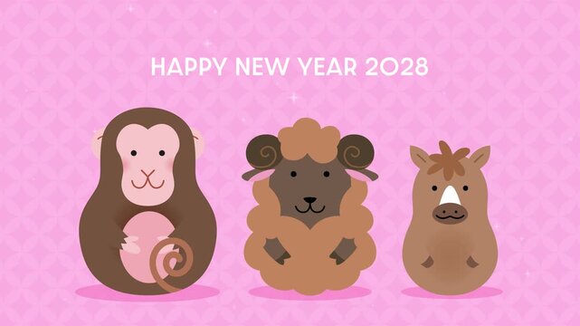 Celebrating Chinese New Year of the Monkey 2028. Zodiac animals cartoon animation.