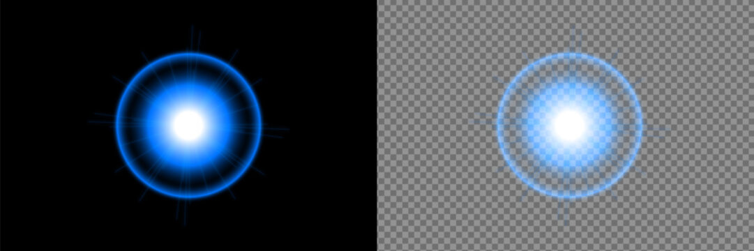 Lensflare blue glowing halo rays overlay, on transparent background.