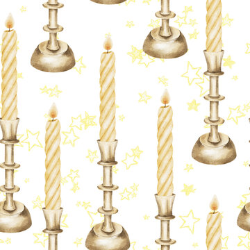 Seamless Victorian Halloween watercolor pattern with golden candles, antique candlesticks and yellow stars in mystical gothic style. Ideal for textile, wallpaper, packaging and festive decor.