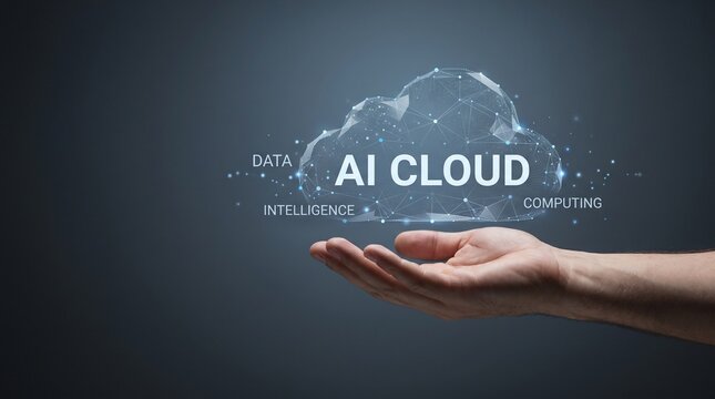 Concept of AI Cloud technology and big data computing represented as a digital cloud hologram floating above an open hand