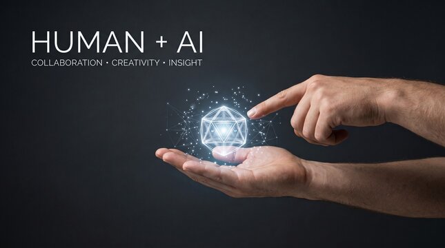 Conceptual representation of human hand holding glowing AI hologram for digital collaboration innovation technology and future data insight development