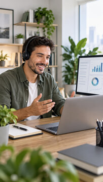 Customer support representative working from home office man with headset using laptop for video call and analyzing business data on screen remote work online consulting virtual communication