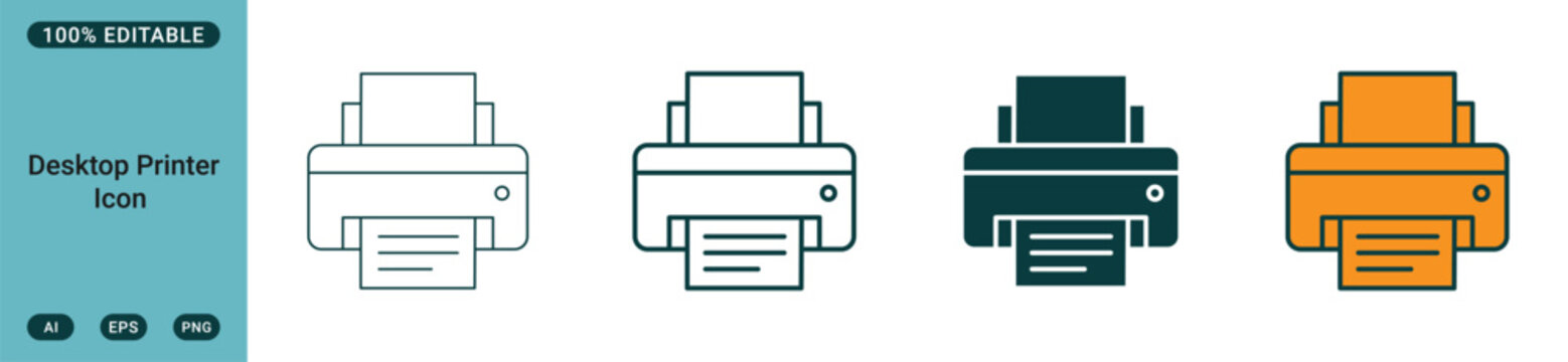 Desktop printer icon set in four different styles, vector illustration of office equipment for printing documents