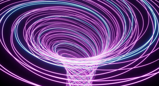 Abstract vortex composed of neon light trails creating a spiraling tunnel effect on a dark background with sci fi abstract background movement illusion