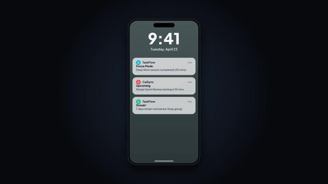 Smartphone Productivity Notification. Focus Mode Alert Popup. Calendar Event Reminder. Task Management Mobile UI. Dark Mode Productivity App. Animated Lock Screen Interface