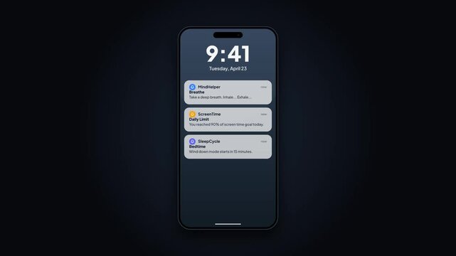 Smartphone lockscreen push notification animation. Mobile screen wellness app popups. mode phone UI overlay. Interactive smartphone screen template. Modern mobile notification list. Clean interface.