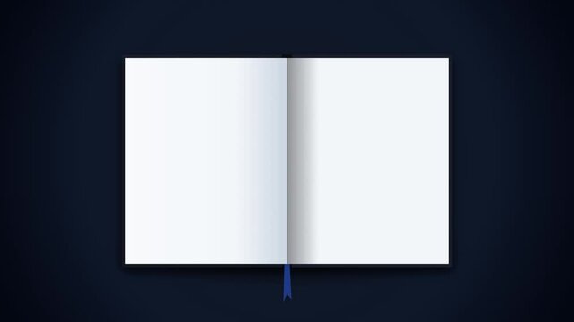 Animated Book Page Turning. Open Hardcover Notebook Mockup. Realistic Page Flip Animation. Reading And Education Template. Digital Library Asset. Minimal Dark Background