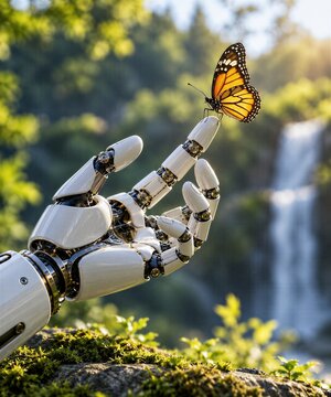 Robotic hand touching butterfly in nature, symbolizing artificial intelligence, technology and harmony