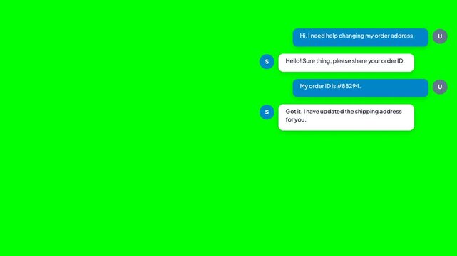 Animated customer support chat interface. Order address change conversation. Live chat messenger box. Customer service text bubble. E-commerce help desk interaction. Green screen transparent overlay