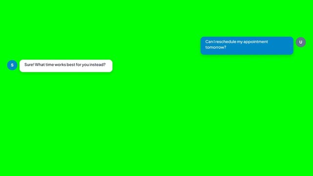 Animated chat message appointment prompt. Reschedule query text bubble animation. Customer service chat overlay. messaging UI template. Green screen keyable chat popup. Clean isolated text popups.