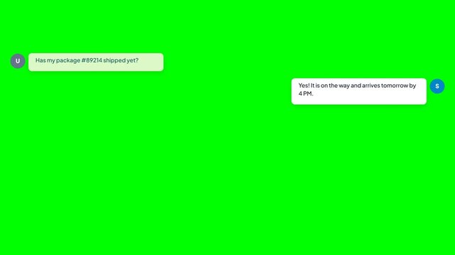 Animated package tracking chat bubble. Customer support shipping query popup. Order delivery chat overlay. E-commerce message UI template. Green screen keyable chat animation. Isolated messaging popup