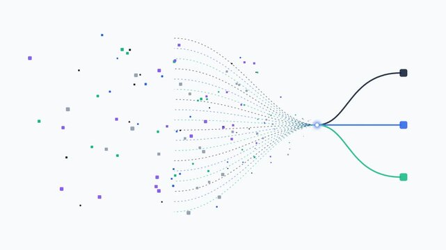 Data Streams Converging Into Branching Paths. Abstract Particle Network Animation. Data Processing Visualization. Machine Learning Flow Concept. Digital Technology Motion Graphic