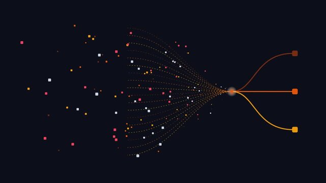 Abstract pixel data pipeline animation. Network particle aggregation background. Data funneling technology graphic. Information merge stream effect. Big data processing UI. high tech motion design.