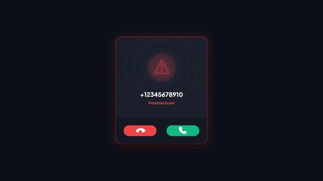 Animated potential scam call warning alert interface. Smartphone incoming call spam alert display. Cyber security warning popup mockup. Mobile phone fraud warning visual. Dark caller ID interface