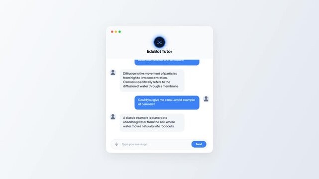 AI tutor chatbot interface answering questions. educational chat box template. Educational artificial intelligence prompt UI. Smart learning assistant window mockup. Interactive chat conversation
