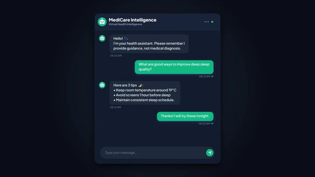 Animated AI healthcare assistant chat. medical UI prompt window. Virtual health intelligence interface. Medical advice chatbot mockup. Interactive modern health app. Clean digital screen template.