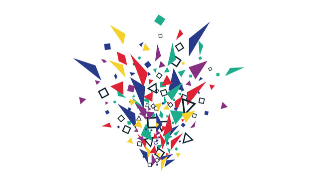 Explosion of colorful geometric confetti shapes like triangles and squares bursting outward against a clean white background.