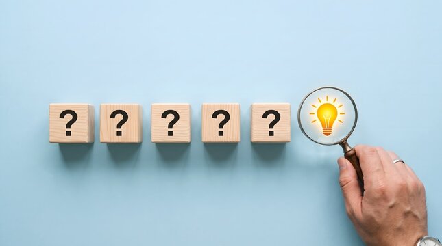 A searching hand uses a magnifying glass to brightly illuminate a glowing lightbulb positioned above wooden cubes each marked with a question