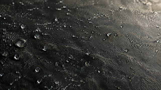 Waterproof black fabric texture with water droplets, hydrophobic textile surface with rain drops, dark moisture resistant material background