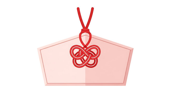 Traditional Japanese Ema Wooden Prayer Plaque with Red Decorative Knot for Shinto Shrine Wishes Isolated on White Background
