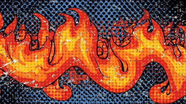Fire energy and intense heat concept stylized comic book flame pattern with grunge texture and halftone dots abstract background for gaming and action.