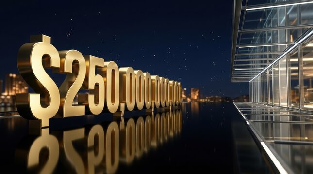 Gold 250 Billion Dollar Sign in Futuristic Cityscape.