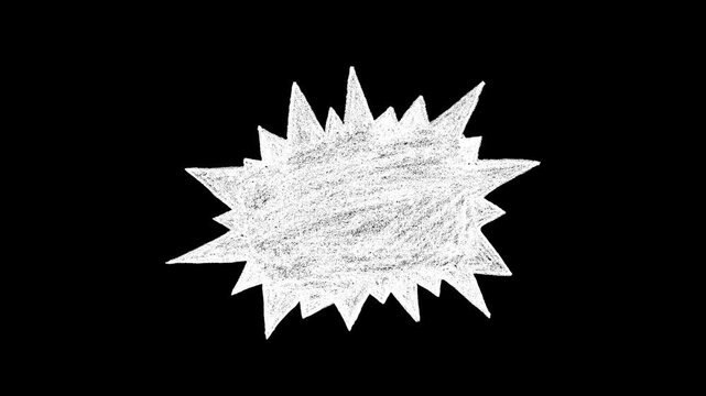 Hand-drawn white starburst animation, sketchy explosive comic speech bubble on black background