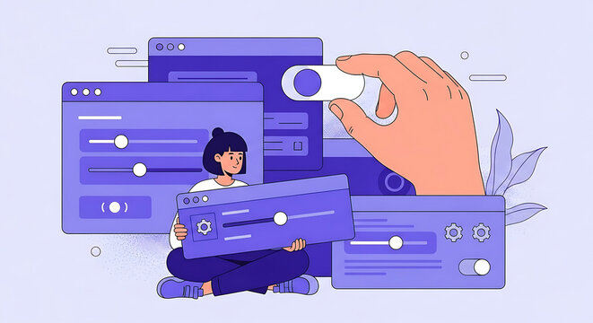 Woman Dashboard Window Modern Flat Vector Illustration of a Female Designer Organizing Digital Interface Panels Sliders and Toggles for User