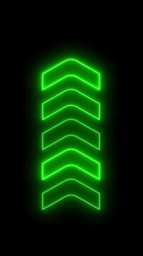 Flickering Green Neon Upward Chevron Arrows Animation with Glowing Light Effect on Black Background