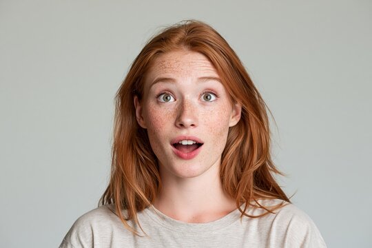 Closeup portrait of a young adult woman with red hair and freckles showing an astonished expression with wide eyes and open mouth, wearing a neutral gray t-shirt against a plain muted studio