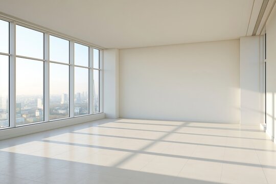 Empty contemporary room with floor to ceiling windows overlooking urban skyline, white walls smooth tiled floors high ceilings bathed in natural daylight casting geometric shadows across the floor