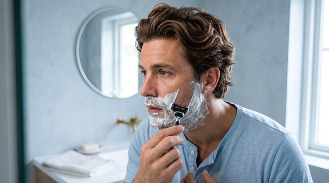 Europ&auml;ischer Mann rasiert sich mit Rasierer im modernen Badezimmer