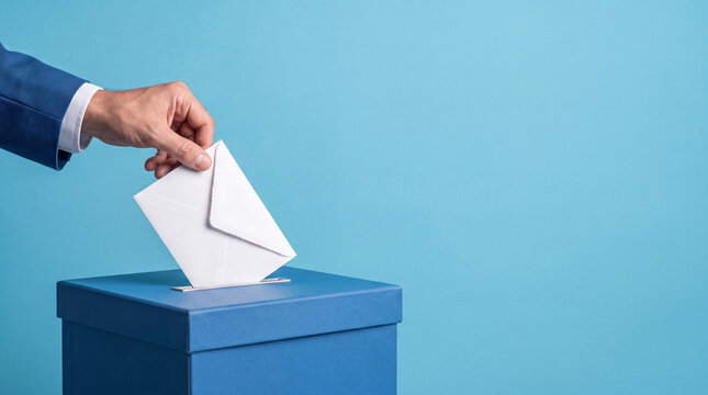 Close-up of a businessman hand putting a white envelope into a blue ballot box for election voting or feedback suggestion on a solid blue background with copy space for text.