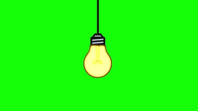 A glowing light bulb hanging on a string against a solid green screen background.