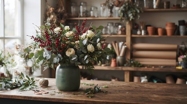 Festive floral arrangement with winter berries and white roses in a vase on a wooden table